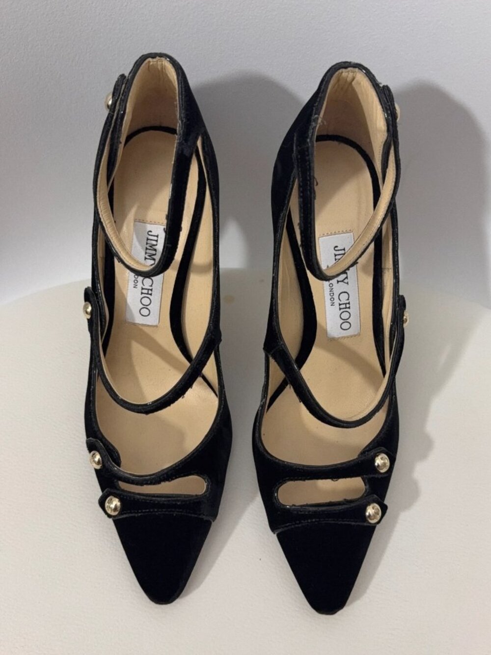 Chic black velvet heels from Jimmy Choo.  Made in Italy